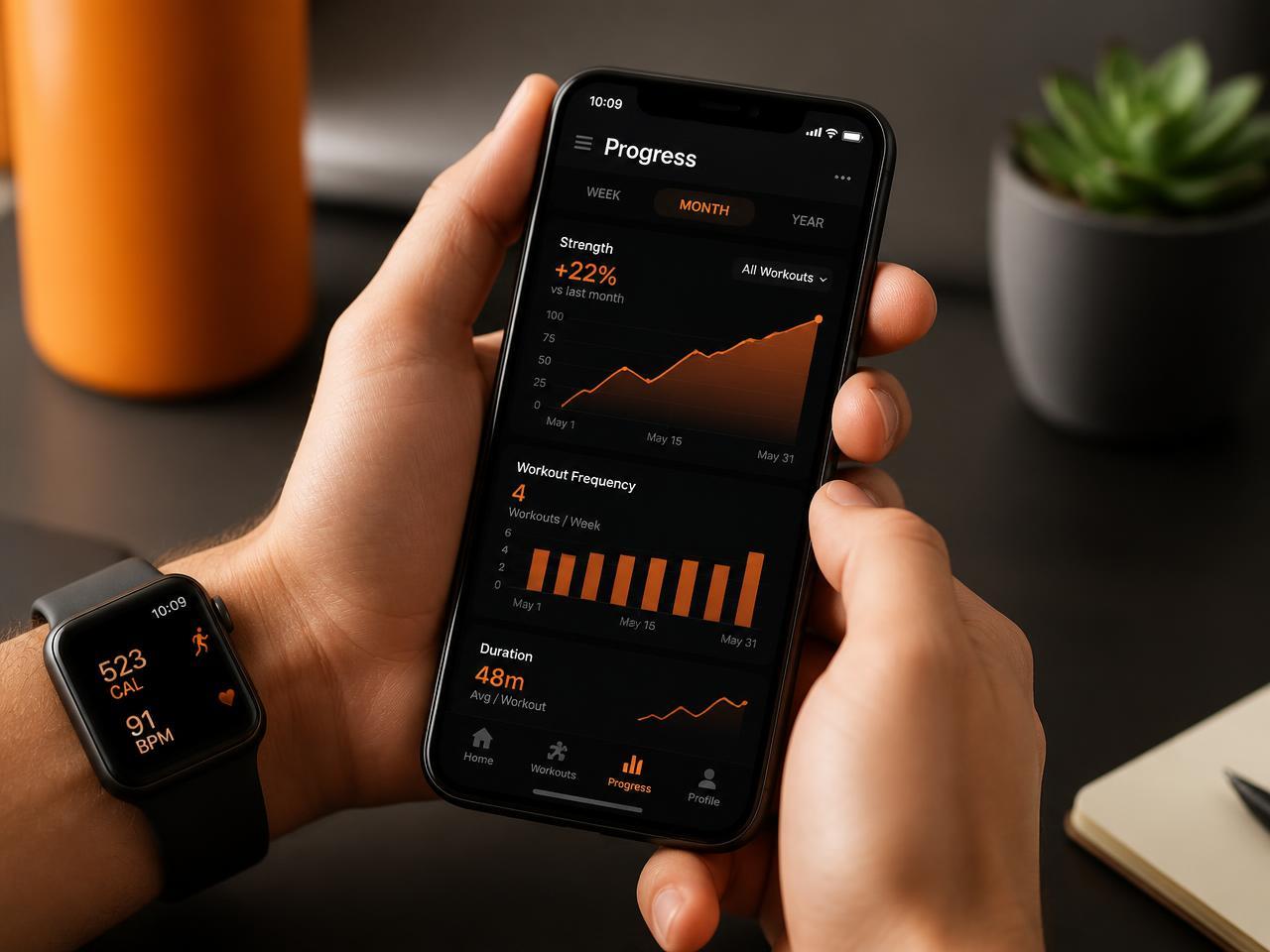 Close-up of hands reviewing workout statistics on a phone beside a fitness watch
