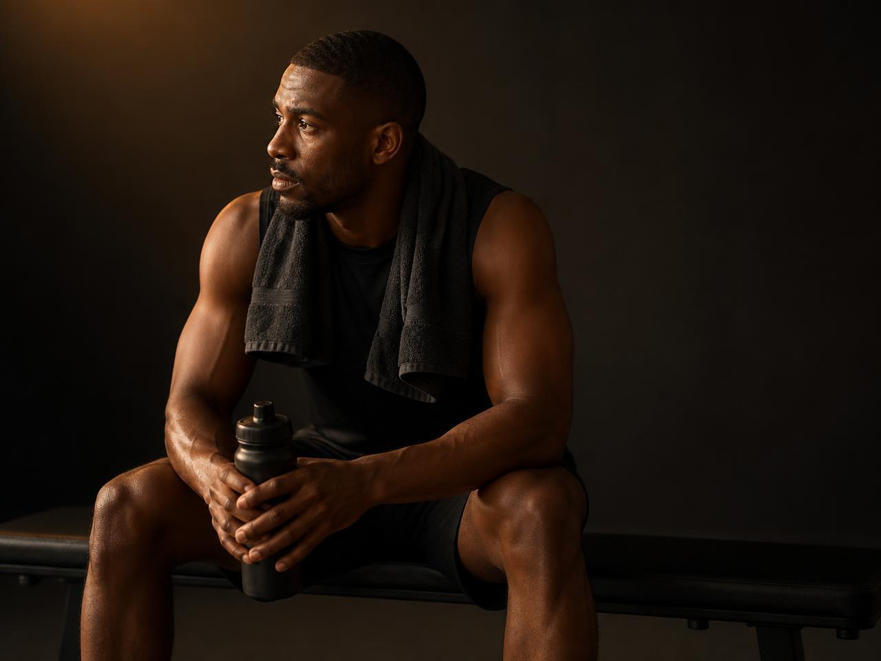 An athlete taking a break on a bench after training