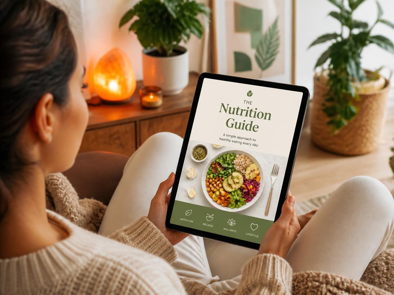 A person reading a nutrition guide on a tablet at home