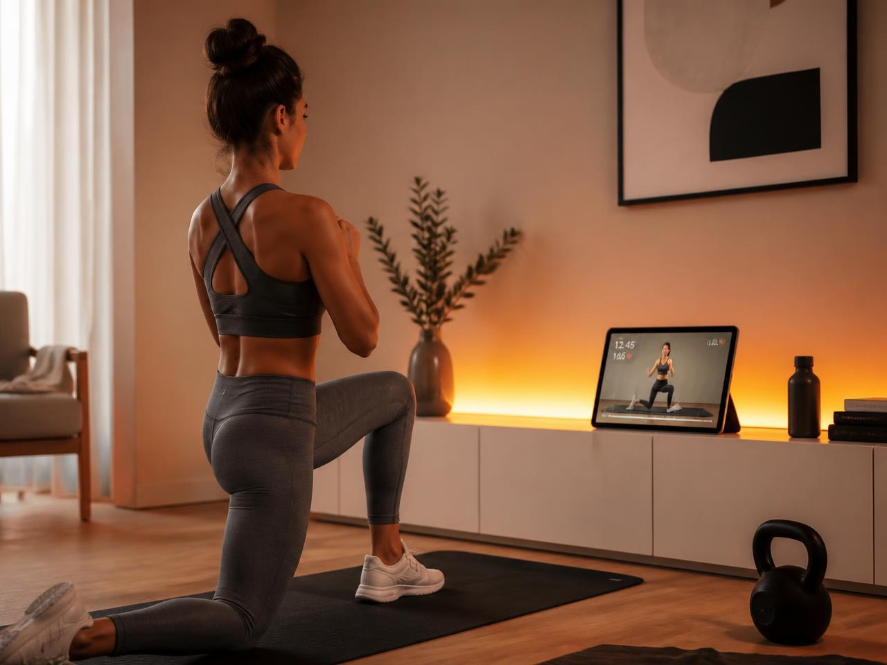 A woman following a guided strength workout in a warmly lit living room